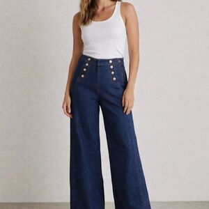 High-Waist Wide Leg Sailor Jeans with Gold Buttons